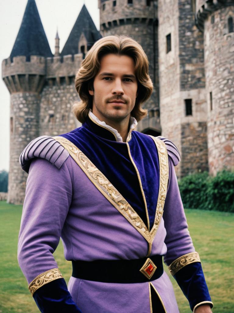 Photorealistic Portrait of Man in Prince Adam Costume Outside Stone Castle