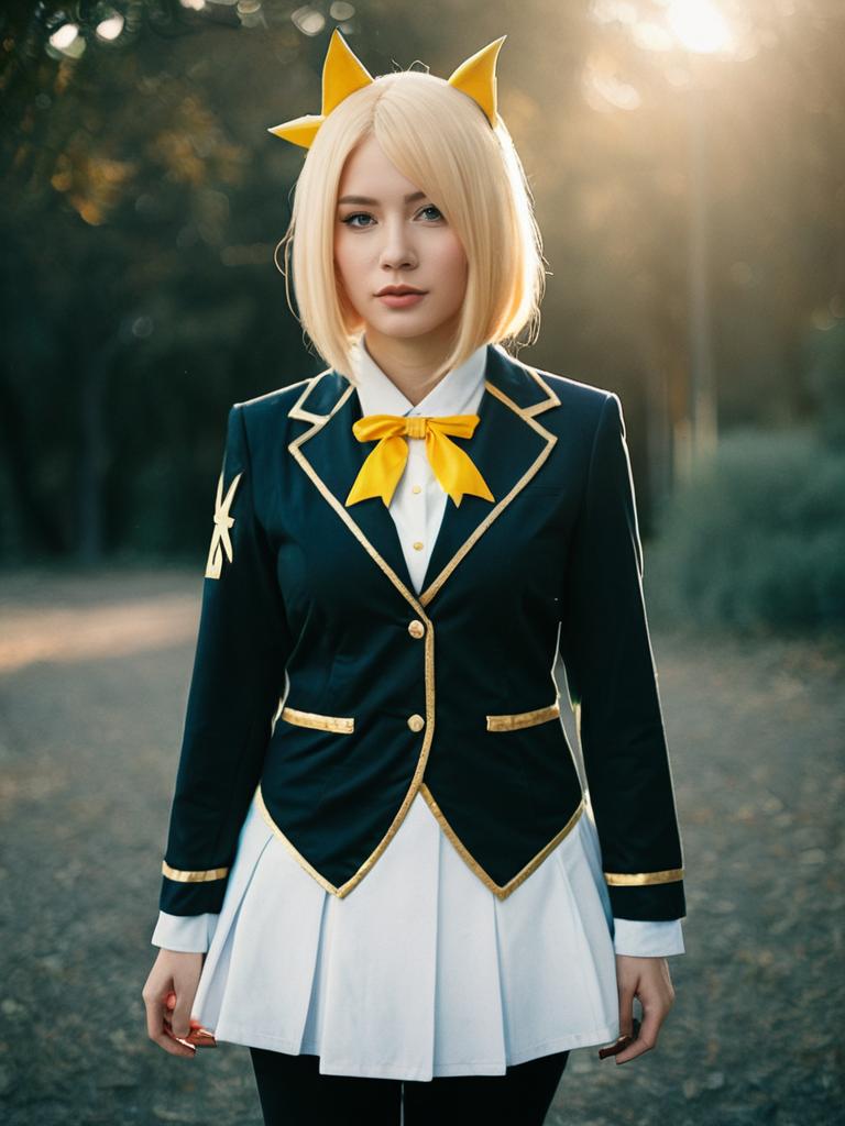 Realistic Female Makio Cosplay Costume with Blonde Hair and Cat Ears Outdoors