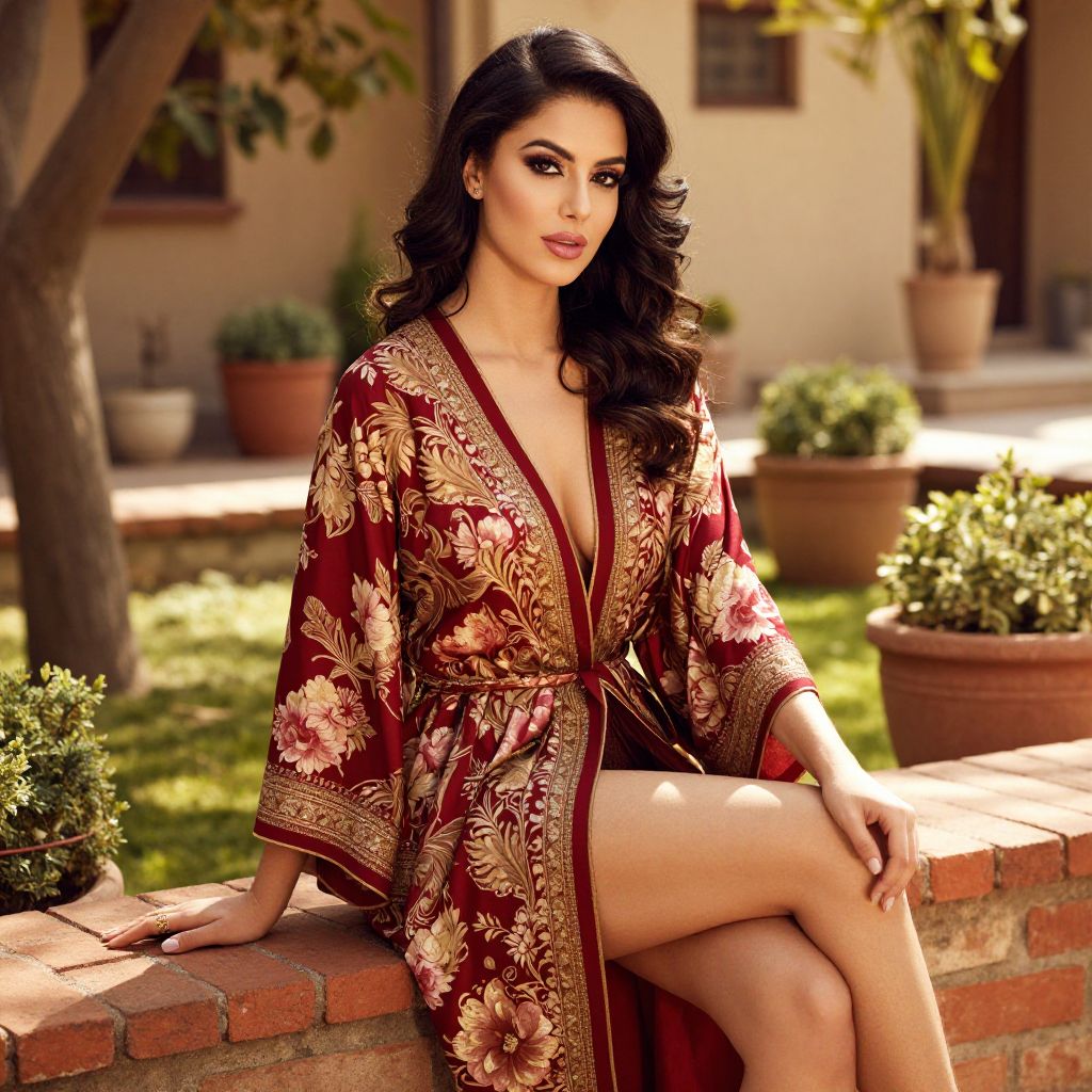 Elegant Woman in Red Floral Kimono Robe Sitting in Garden