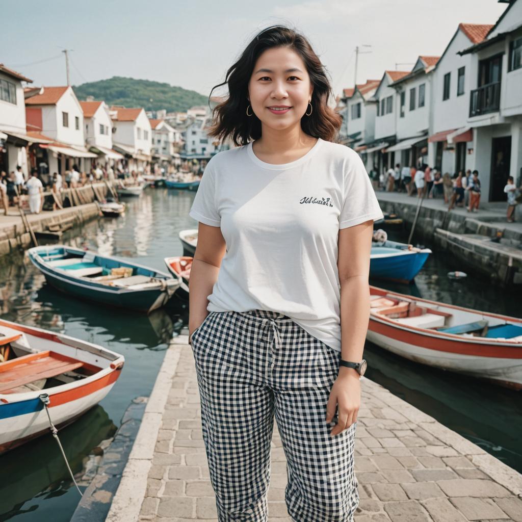 Woman in Quaint Coastal Town with Boats