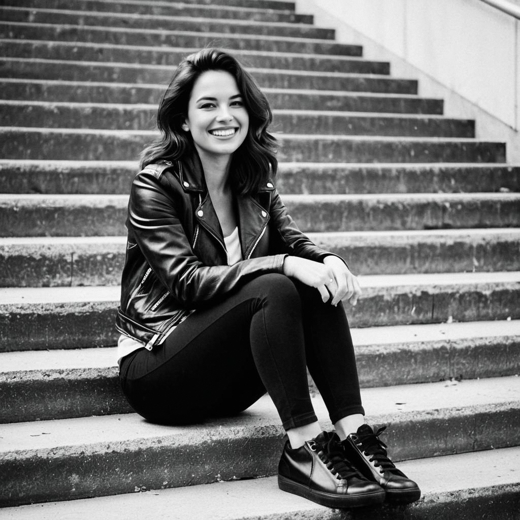 Young Woman in Black Leather Jacket