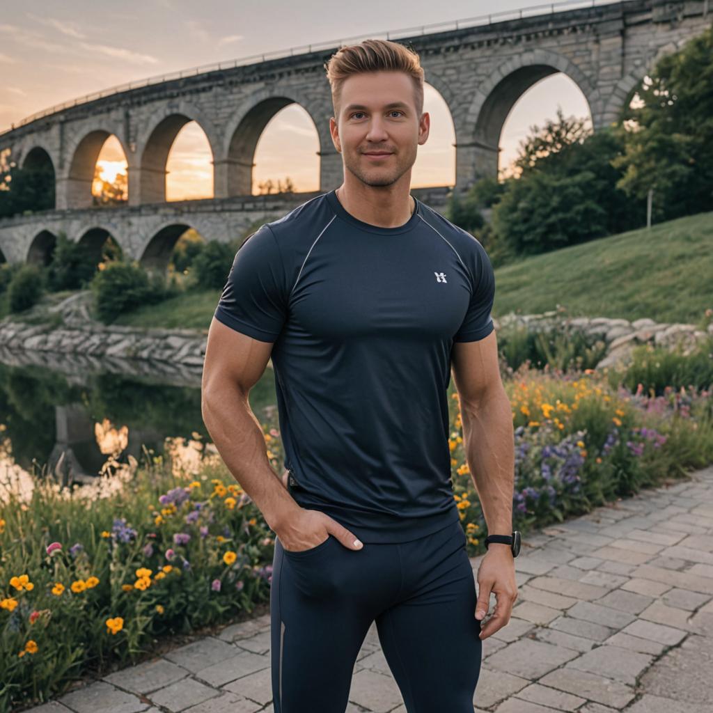 Fit Man in Athletic Apparel at Sunset by Stone Bridge