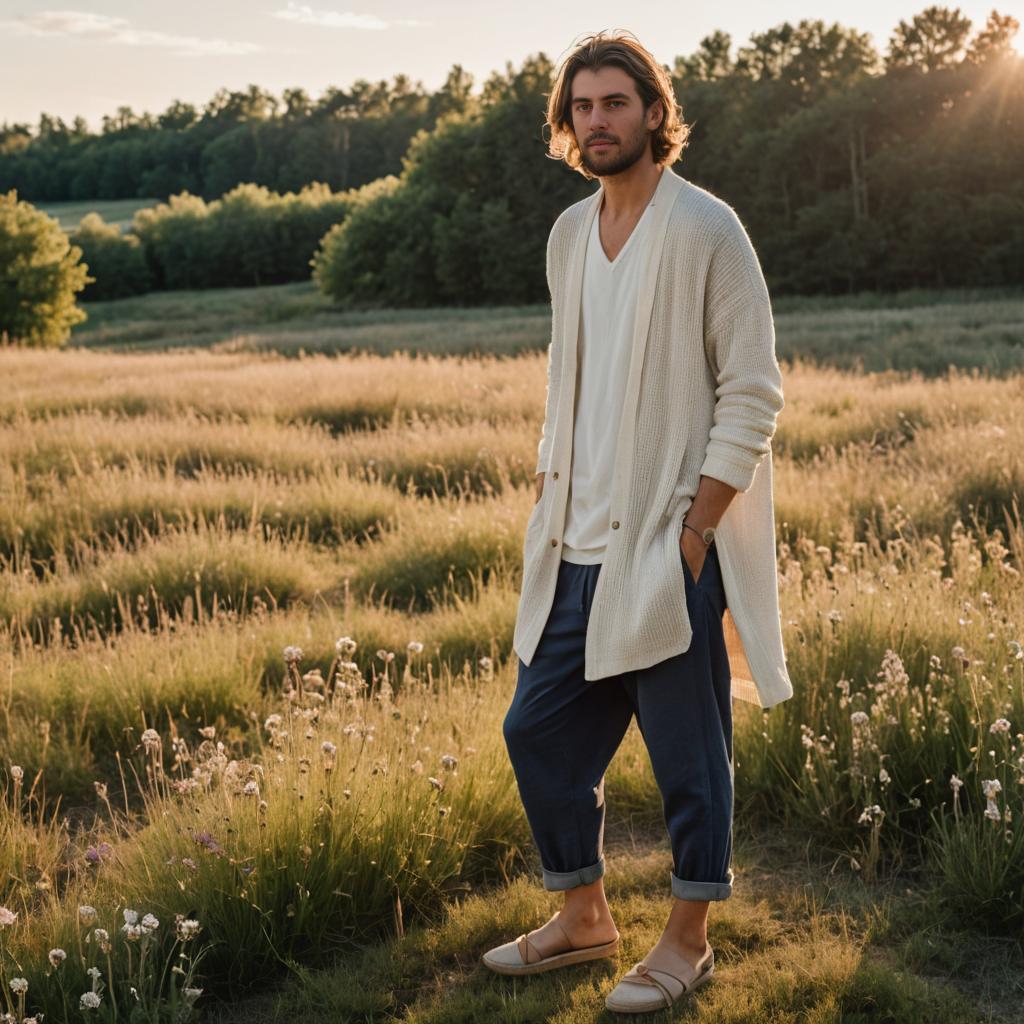 Man in Stylish Attire in Pastoral Sunset Setting