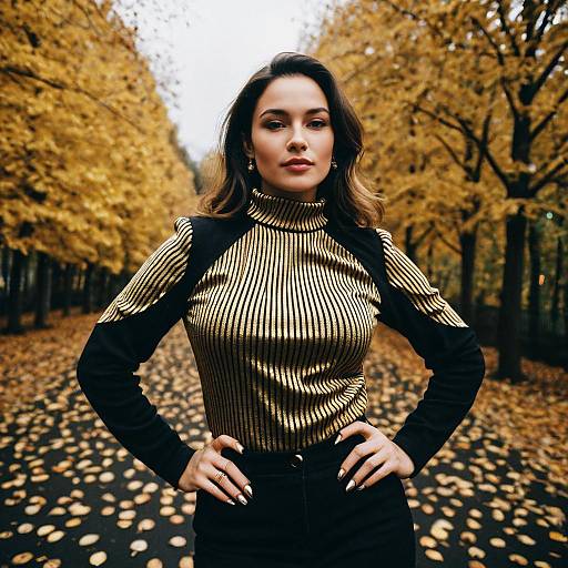 Autumn Woman in Gold and Black Outfit Posing Outdoors