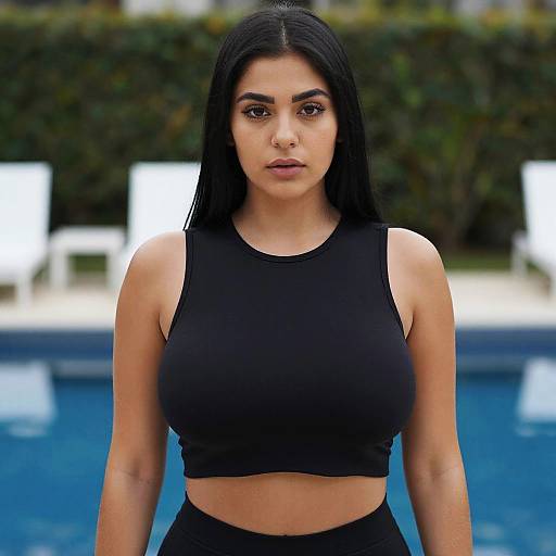 Confident Young Woman in Black Crop Top by Poolside - Gen Z Style