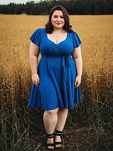 Trendy Plus Size Summer Blue Dress Woman Standing in Field