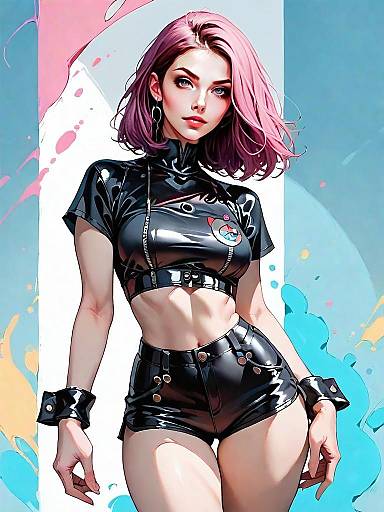 Realistic Digital Art of Woman in Matte Black Faux Leather Crop Top and High-Waisted Shorts