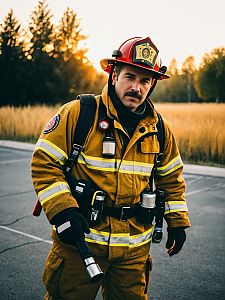 Man in Firefighter Costume Outdoor Cosplay Photo at Golden Hour