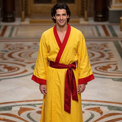 Man Wearing Yellow and Red Traditional Robe in Ornate Interior