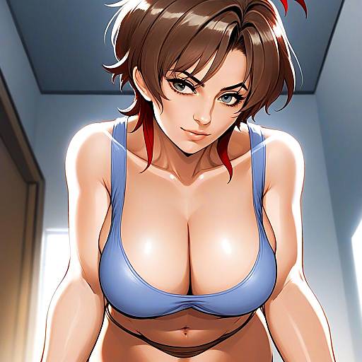 Anime Style Illustration of Confident Woman in Blue Sports Bra