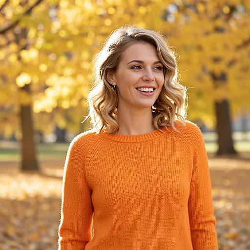 Smiling Woman in Orange Sweater Enjoying Autumn Outdoors