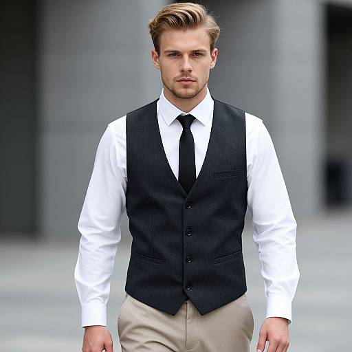 Young Man in Stylish Black Vest and Tie Walking Outdoors