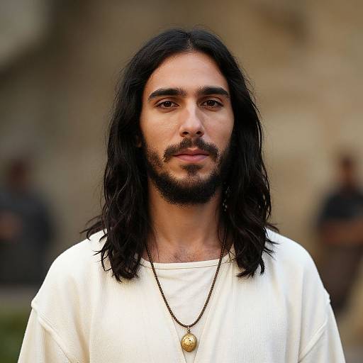 Portrait of Young Man with Long Hair and Pendant Necklace