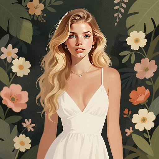 Elegant Blonde Woman in White Dress with Floral Background Digital Art