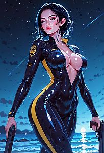 Digital Art of Woman in Black Latex Bodysuit with Pistols by Ocean Night