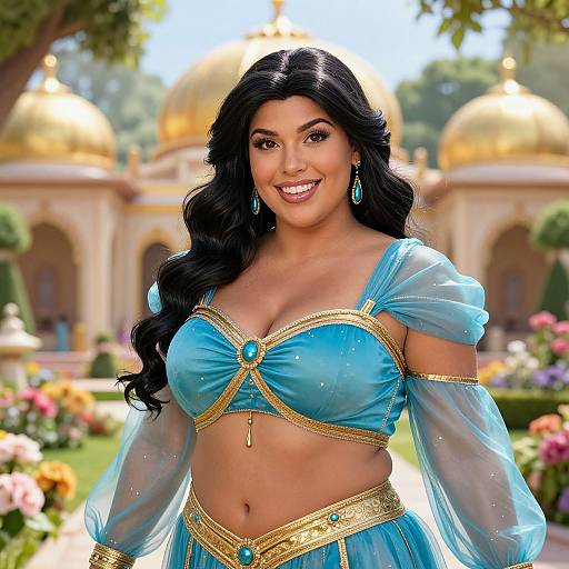 Woman in Blue Arabian Nights Inspired Costume with Golden Domes Background