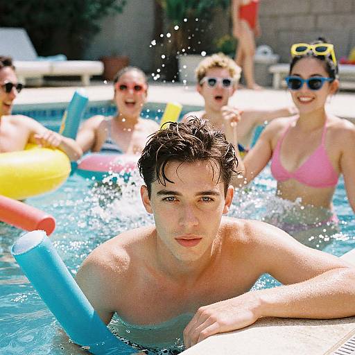 Young Man and Friends Enjoying a Summer Pool Party with Colorful Floaties