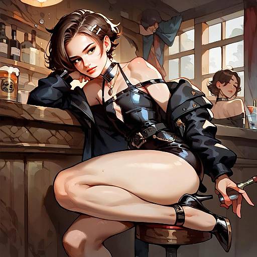 Edgy Woman in Black Leather Outfit at Stylish Bar - Anime Digital Art