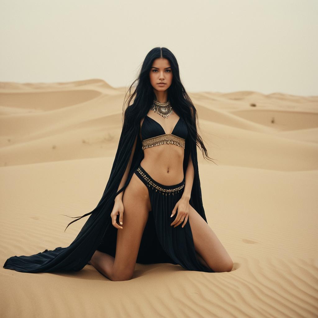 Elegant Woman in Black Desert Outfit with Gold Accents in Sand Dunes