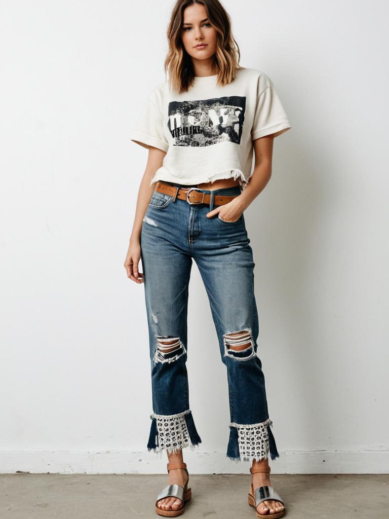 Stylish Woman in Distressed Cropped T-Shirt and Ripped Lace-Trim Jeans