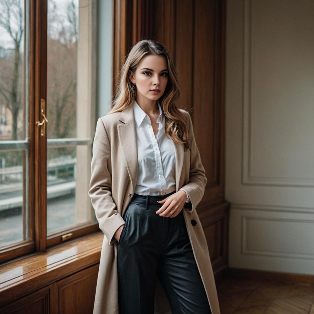 Elegant Woman in Beige Coat by Window