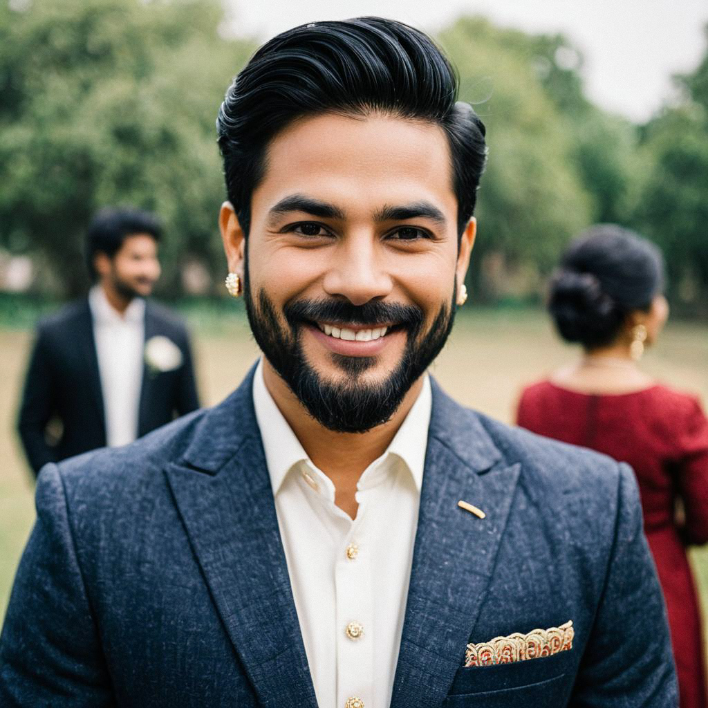 Smiling Man in Elegant Indo-Western Wedding Suit Outdoors Smiling Man in Elegant Indo-Western Wedding Suit Outdoors