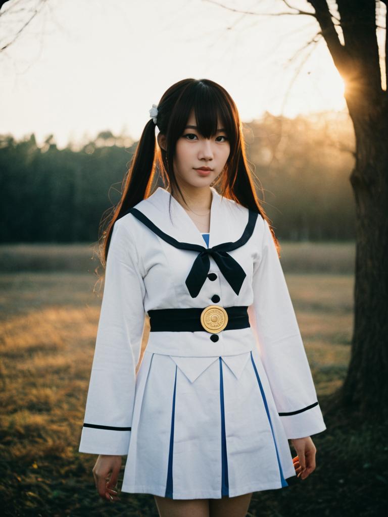 Realistic Yuki Tsukumo Cosplay Woman in Sailor Outfit at Sunset