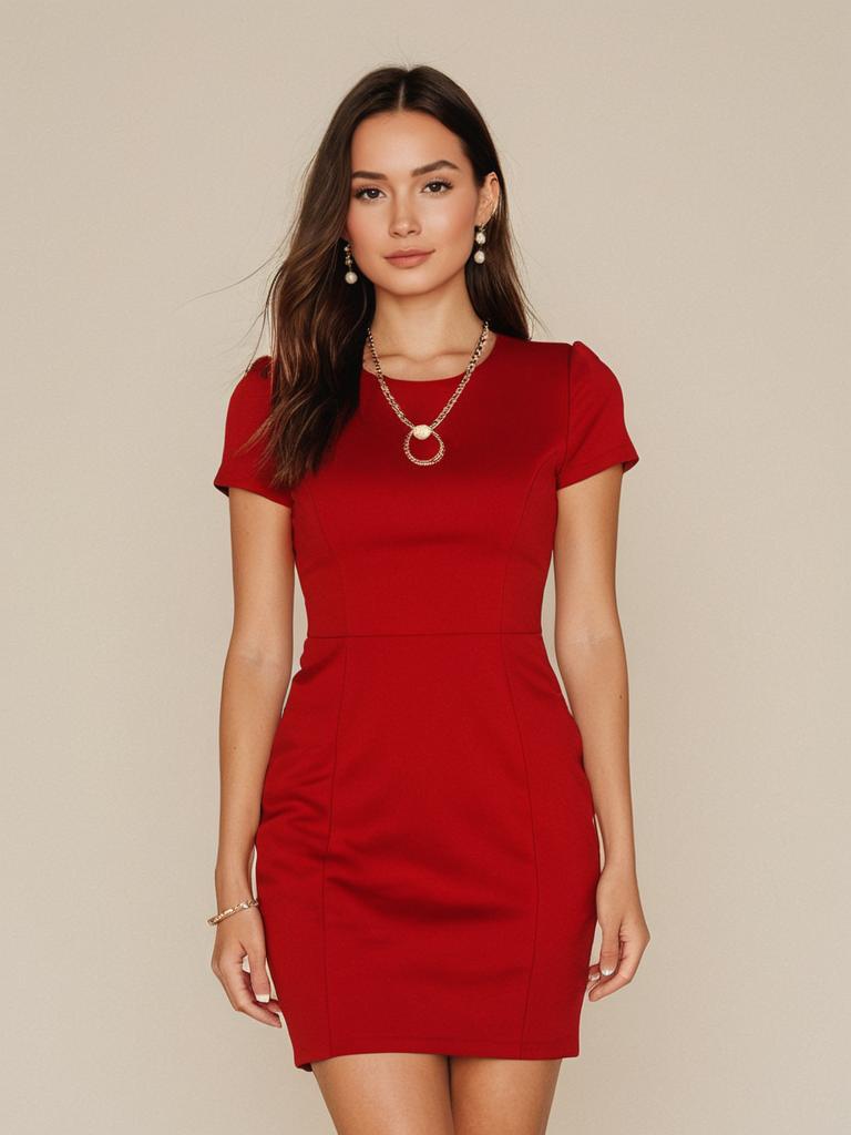 Woman in Chic Red Fitted Mini Dress with Short Sleeves