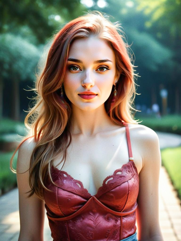 Young Woman with Red Hair in Serene Park Young Woman with Red Hair in Serene Park