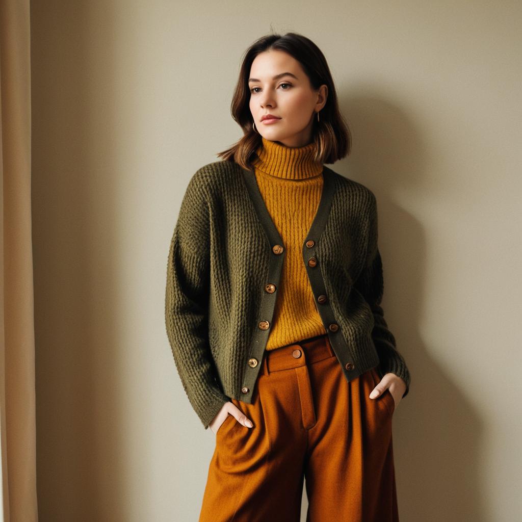 Stylish Autumn Fashion Woman in Mustard Yellow and Olive Green Outfit