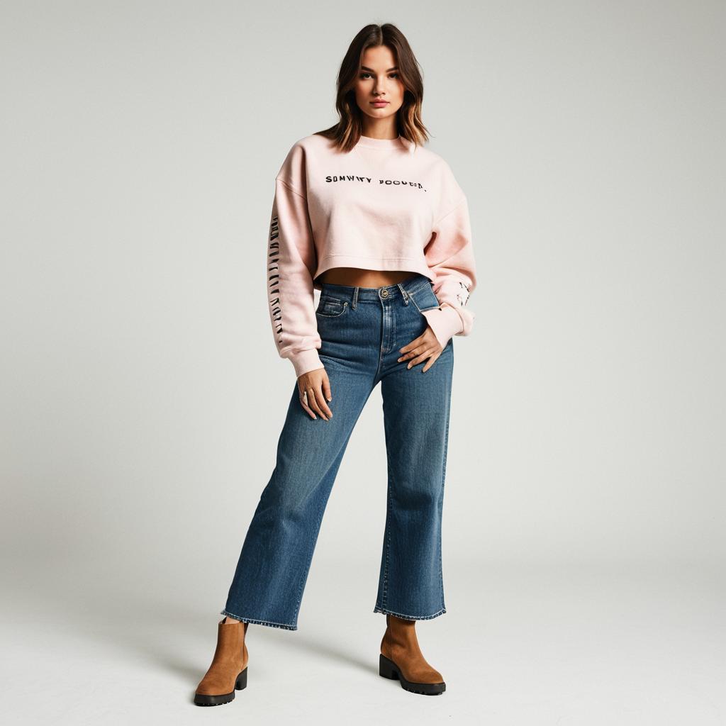 Casual Fashion Woman Wearing Pink Cropped Sweatshirt and Wide-Leg Jeans