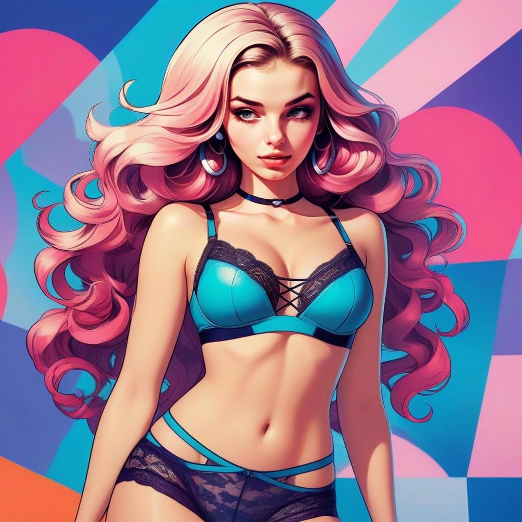 Vibrant woman with pink hair in blue lingerie