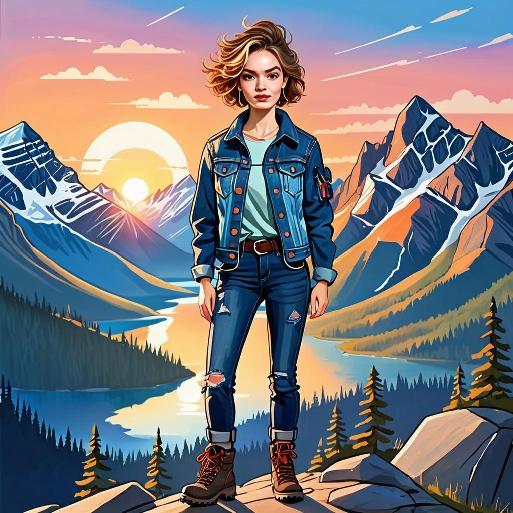 Confident Young Woman Overlooking Mountains at Sunset Confident Young Woman Overlooking Mountains at Sunset