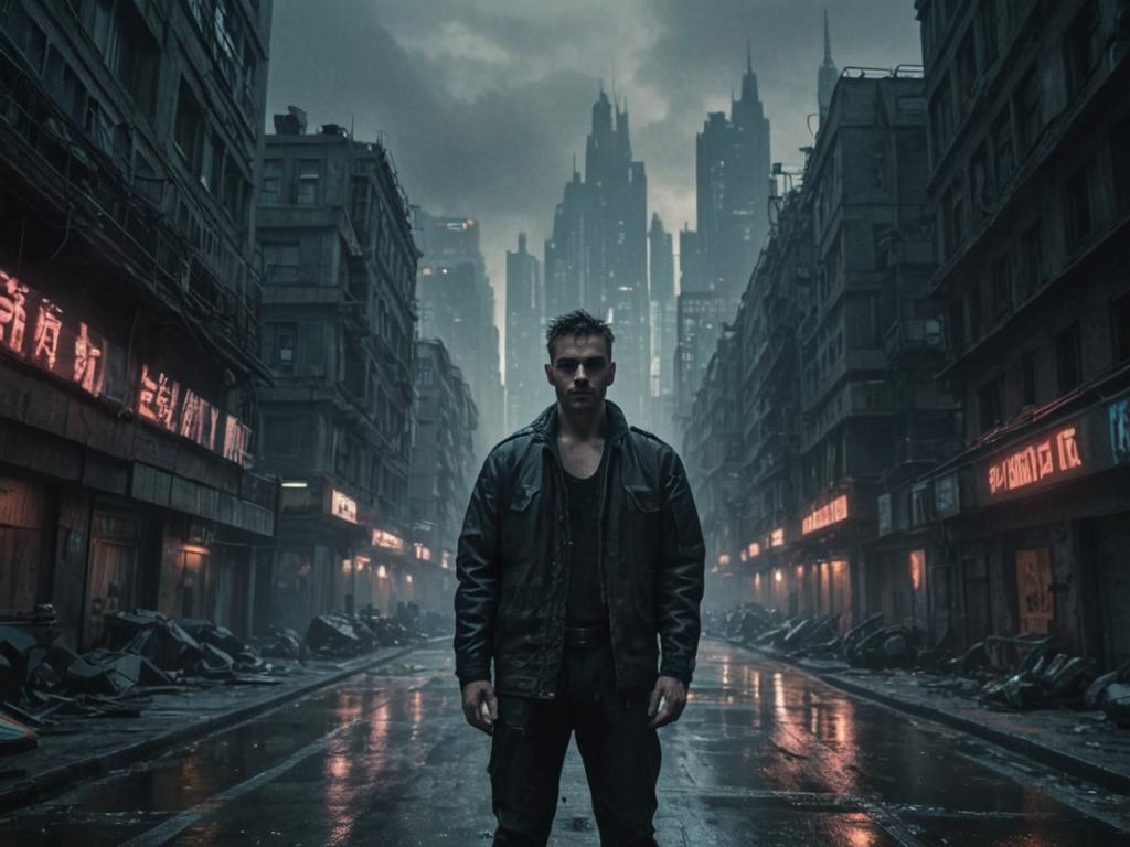 Man in dystopian city street with neon signs