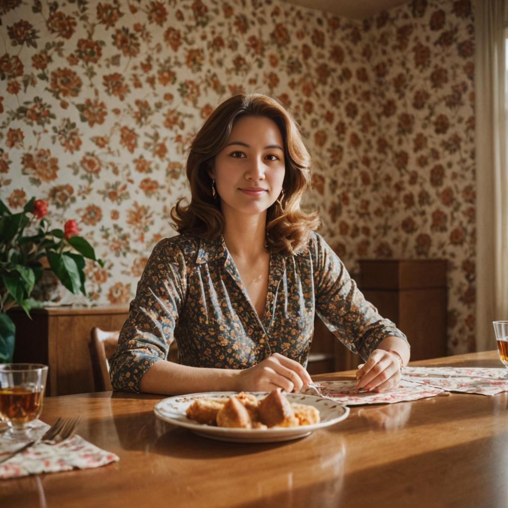 Woman in Artistic Dress at Vintage Dining Table