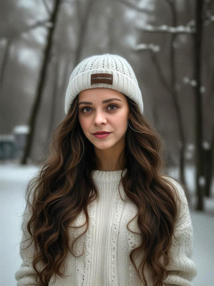 Woman in Cozy Sweater in Snowy Landscape