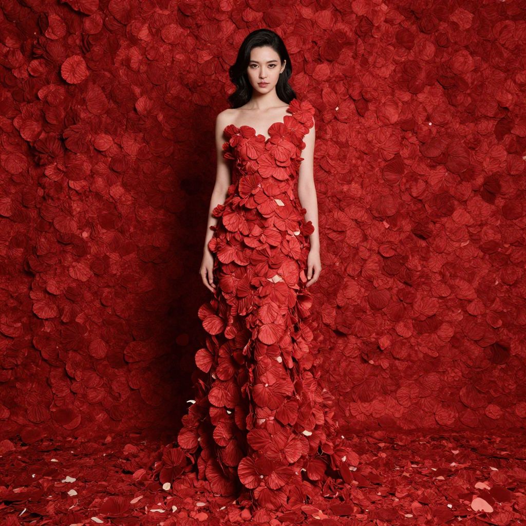 Elegant Woman Wearing Red Floral Applique Gown in Monochromatic Red Fashion Shoot