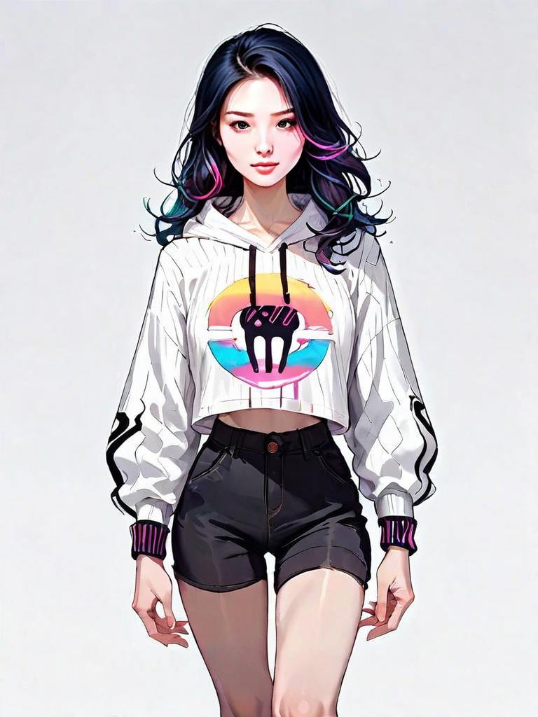 Realistic Comic Style Illustration of Young Woman in Casual Outfit