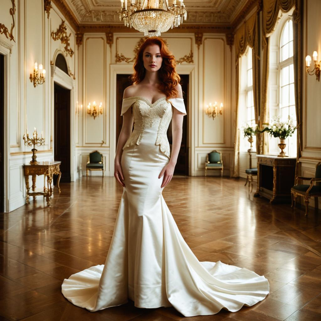 Elegant Off-Shoulder Satin Wedding Dress in Luxurious Ballroom