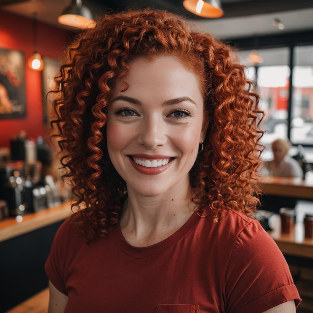 Happy Redhead Woman with Curly Hair Smiling in Cozy Cafe