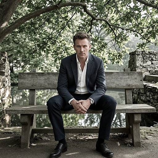 Man in Dark Suit Sitting on Wooden Bench in Natural Garden Setting