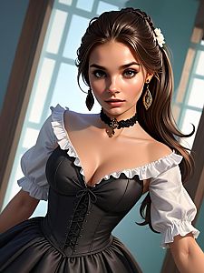 Young Woman in Vintage Corset Dress with White Sleeves