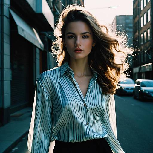 Confident Woman Standing on City Street at Golden Hour