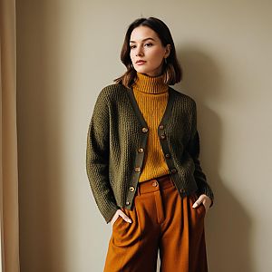 Stylish Autumn Fashion Woman in Mustard Yellow and Olive Green Outfit