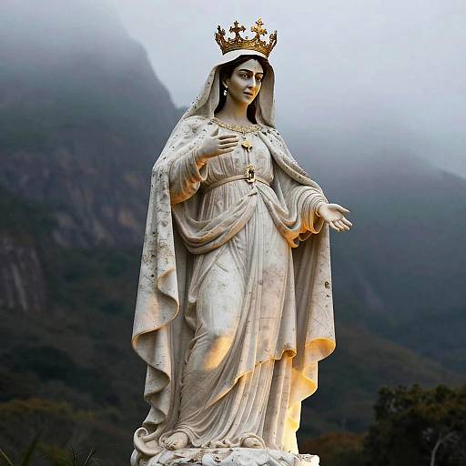 Statue of Regal Woman with Golden Crown in Misty Mountain Setting