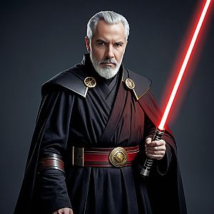 Realistic Portrait of Older Man Jedi with Red Lightsaber