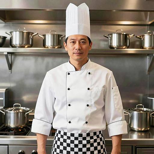 Professional Male Chef in Modern Commercial Kitchen with Stainless Steel Pots