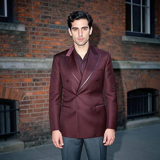Man in Burgundy Double-Breasted Blazer Against Brick Wall