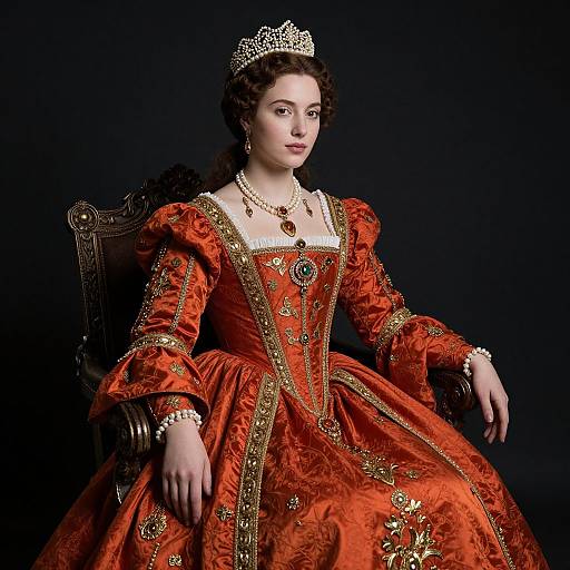 Regal Woman in Ornate Renaissance Style Red Gown and Pearl Tiara