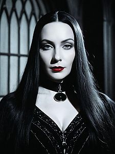 Cinematic Realism Portrait of Woman in Morticia Addams Costume